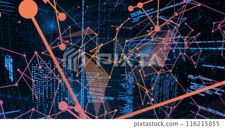 Image of connected dots moving over binary codes and computer language 116215855