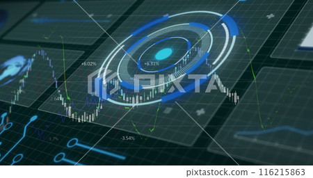 Image of hud screens with radar and multiple graphs moving on grid background Image of hud screens with radar and multiple graphs moving on grid background 116215863