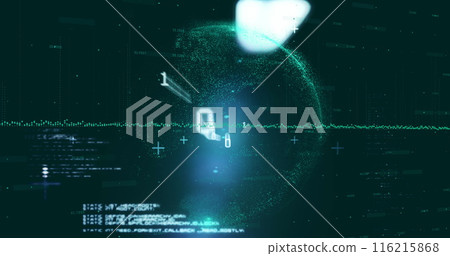 Image of globe and line moving over computer language and binary codes Image of globe and line moving over computer language and binary codes 116215868