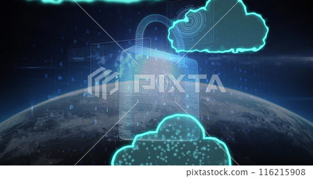 Digital padlock and cloud icons floating above Earth, symbolizing cybersecurity 116215908