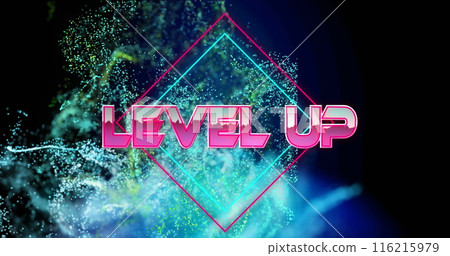 Image of level up text banner over glowing blue and green digital wave on black background Image of level up text banner over glowing blue and green digital wave on black background 116215979