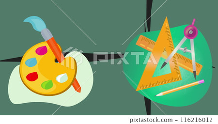 Image of color palette and geometry equipment icon against cross stripes on green background 116216012
