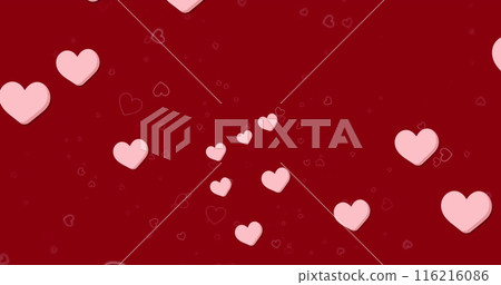 Image of multiple pink heart icons floating against copy space on red background Image of multiple pink heart icons floating against copy space on red background 116216086