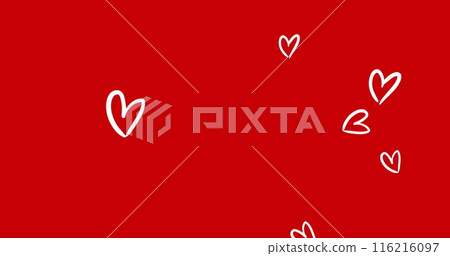 Image of multiple heart icons floating against copy space on red background Image of multiple heart icons floating against copy space on red background 116216097