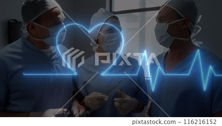 Image of heart rate monitor against team of diverse surgeons performing surgery at hospital Image of heart rate monitor against team of diverse surgeons performing surgery at hospital 116216152