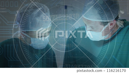 Image of round scanner against diverse male and female surgeons performing surgery at hospital Image of round scanner against diverse male and female surgeons performing surgery at hospital 116216170