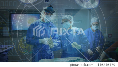 Image of round scanner against diverse male and female surgeons discussing before surgery 116216179