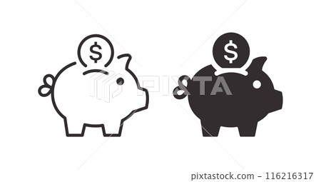 Silhouette icons of piggy banks with a dollar coin, symbolizing savings and financial security. Vector illustration. Silhouette icons of piggy banks with a dollar coin, symbolizing savings and financial security. Vector illustration. 116216317