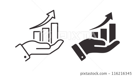 Graphic icon of a hand supporting a growth chart, symbolizing financial increase and management. Vector illustration. 116216345