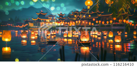 Magical traditional floating lantern festival with paper lanterns glowing on dark water Magical traditional floating lantern festival with paper lanterns glowing on dark water 116216410
