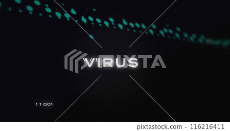 Image of virus text, binary codes over circuit board pattern against graphs on black background 116216411