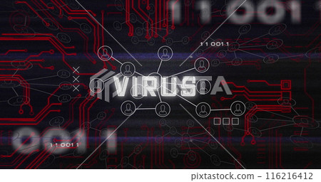 Image of virus text, binary codes over connected icons against circuit board pattern 116216412
