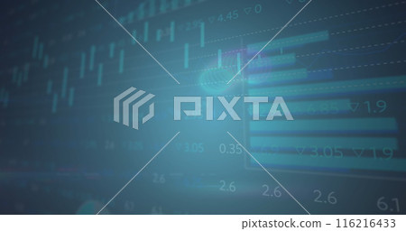 Image of circles over multiple graphs and trading board against blue background 116216433