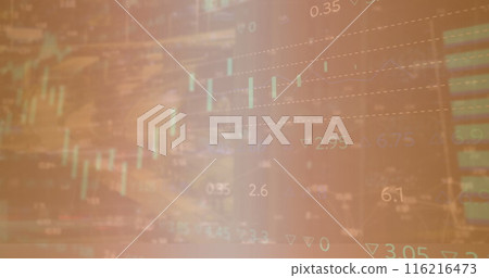 Image of multiple graphs, loading circles and trading board against abstract background 116216473