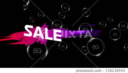 Image of sale text on color splash with geometric shapes, 6g text in bubble on black background 116216543