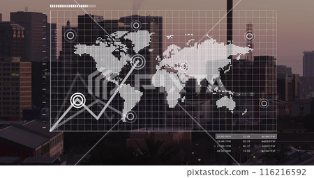 Image of interface with data processing over world map against aerial view of cityscape Image of interface with data processing over world map against aerial view of cityscape 116216592