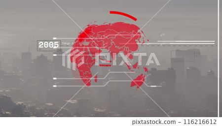 Image of interface with data processing and spinning globe against aerial view of cityscape Image of interface with data processing and spinning globe against aerial view of cityscape 116216612