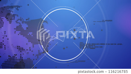 Image of spinning dna structure, spinning globe and data processing against blue background 116216785