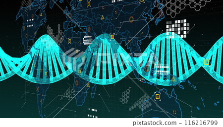 Image of spinning dna structure and world map against green gradient background Image of spinning dna structure and world map against green gradient background 116216799