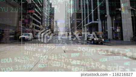 Image of stock market data processing against euro symbol falling on the street and breaking Image of stock market data processing against euro symbol falling on the street and breaking 116216827