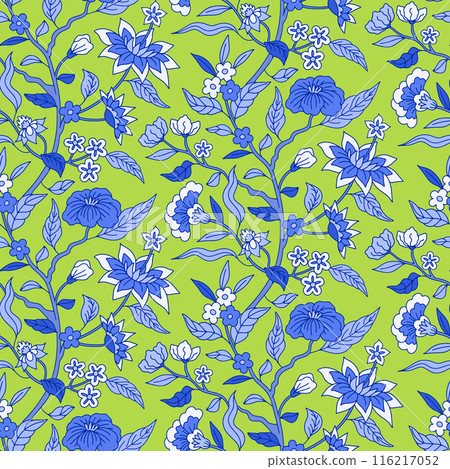 Seamless pattern with monochrome blue chinoiserie hand drawn motifs 116217052