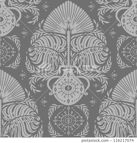 Seamless gray Damask pattern with tropical motifs 116217074