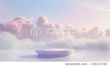 Minimal pedestal in a foggy, cloudy background, perfect for cosmetics display, summer paradise theme, dreamy vibes 116217192