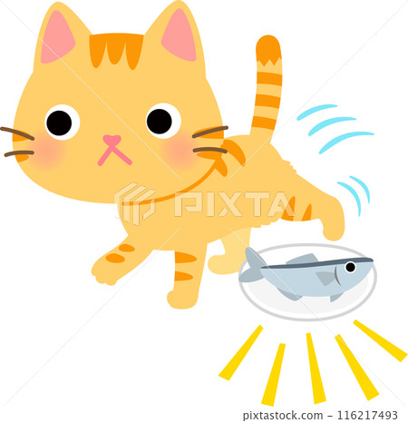 A cat stepping over a fish 116217493