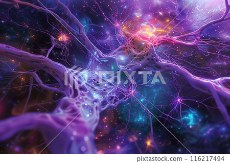 Abstract representation of neural networks with vibrant colors and intricate connections, symbolizing the complexity of the human brain. 116217494