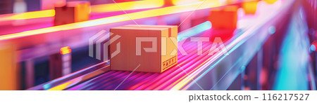 Brightly colored warehouse conveyor belt with cardboard boxes in motion, showcasing modern logistics and automated supply chain technology. 116217527