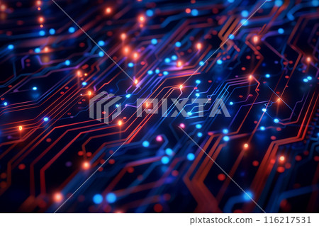 Close-up of a futuristic circuit board with glowing blue and orange lights, representing advanced technology and electronic innovation. 116217531