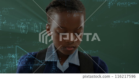 Image of african american school girl standing with chalkboard on background Image of african american school girl standing with chalkboard on background 116217596