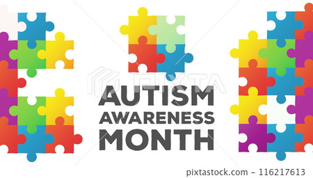 Image of Autism Awareness Month text and jigsaw puzzle forming a square against white background Image of Autism Awareness Month text and jigsaw puzzle forming a square against white background 116217613