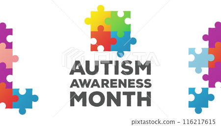 Image of Autism Awareness Month text and jigsaw puzzle forming a square against white background 116217615