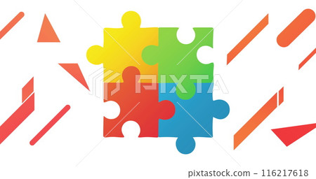 Image of Jigsaw puzzle forming a square and multiple orange shapes against white background 116217618