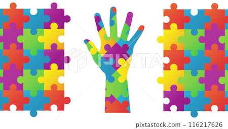 Image of Jigsaw puzzle forming a hand and two rectangles against white background 116217626