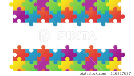Image of multicolor jigsaw puzzle pieces forming two rectangles against white background 116217627