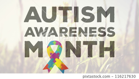 Image of autism awareness month text and puzzle forming a ribbon against tall grass Image of autism awareness month text and puzzle forming a ribbon against tall grass 116217630