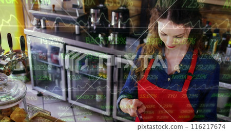Image of financial data processing over woman holding paying terminal swiping credit card 116217674