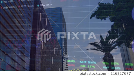 Image of financial data processing over office buildings and modern cityscape in the background 116217677