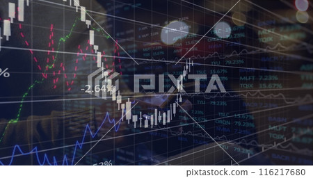 Image of financial data processing over man using smartphone texting in the background 116217680