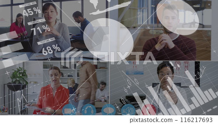 Image of digital interface with icons on computer screen with people talking on video call Image of digital interface with icons on computer screen with people talking on video call 116217693