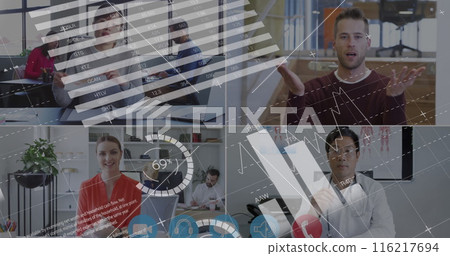 Image of digital interface with icons on computer screen with people talking on video call Image of digital interface with icons on computer screen with people talking on video call 116217694