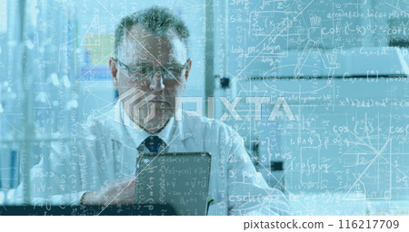 Image of mathematical and scientific formulas over male scientist using tablet Image of mathematical and scientific formulas over male scientist using tablet 116217709