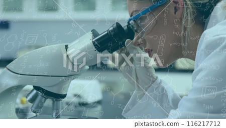 Image of mathematical and scientific formulas over female scientist using microscope Image of mathematical and scientific formulas over female scientist using microscope 116217712