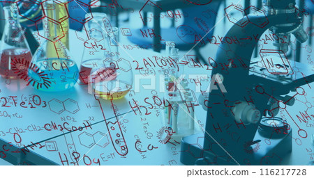 Image of chemical structures and formulas against various equipment in laboratory 116217728