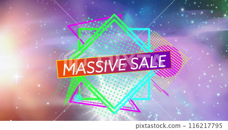 Image of massive sale text on red to purple banner over vibrant geometric shapes 116217795