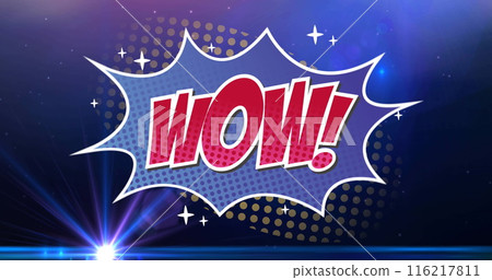 Image of wow text in red letters over speech bubble and glowing blue background Image of wow text in red letters over speech bubble and glowing blue background 116217811