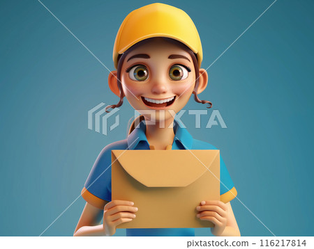 Smiling delivery girl in uniform holding an envelope. Concept of courier service, postal delivery, and online shopping. Cartoon style. Smiling delivery girl in uniform holding an envelope. Concept of courier service, postal delivery, and online shopping. Cartoon style. 116217814
