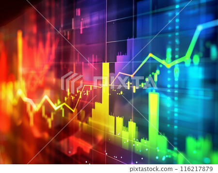 Abstract colorful financial graph with bar charts and line graphs representing market analysis, suitable for finance and investment themes. 116217879